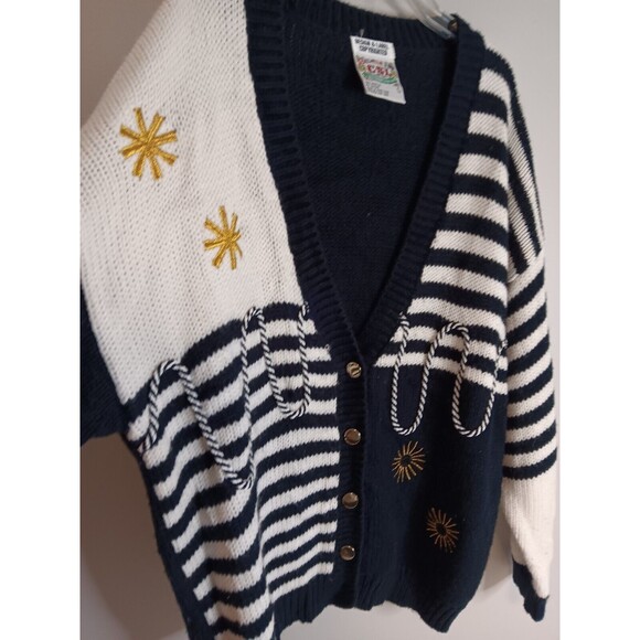 Vintage C.S.L. Cardigan Sweater Women's Sz Large Stripe Nautical Black / White - Picture 4 of 5